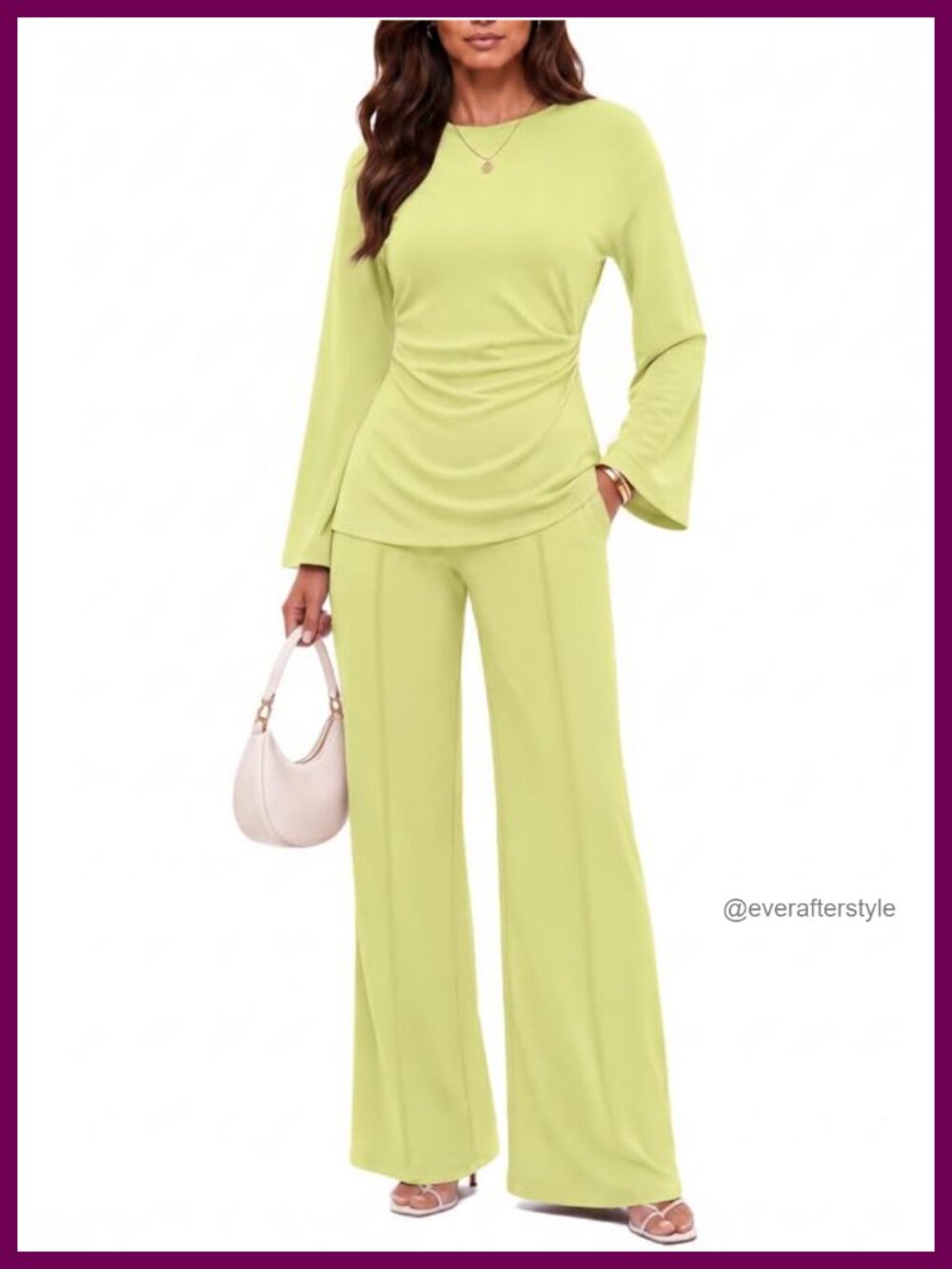 kaimimei 2 Piece Set Women Flared Sleeve Top Wide Leg Pants Rayon Spandex
